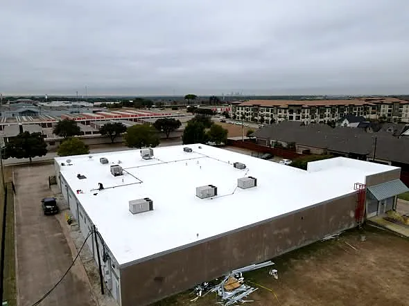 Drone photo of a completed commercial membrane roof