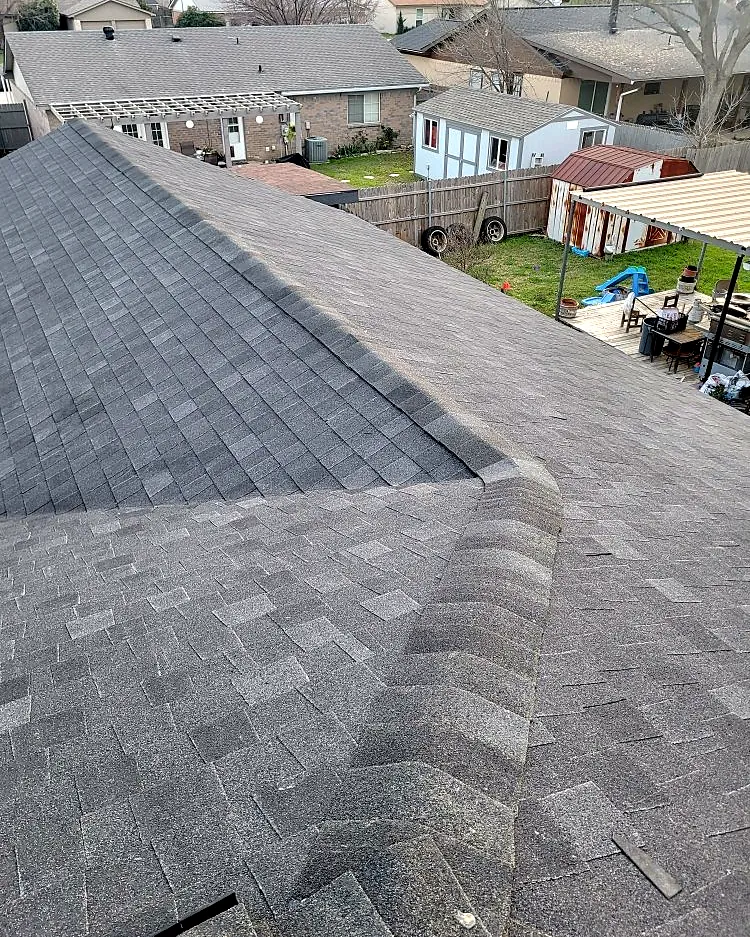 Hip roof with new architectural shingles above a backyard