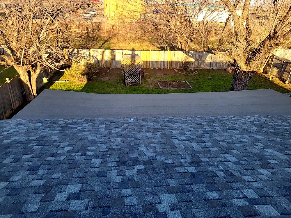 New shingles at the eave overlooking a tree-lined backyard