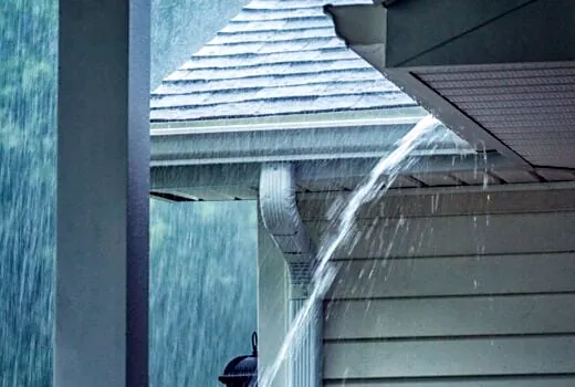 Heavy storm rain overflowing a gutter